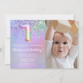 Foto Paarse Roze Glitter 1e Verjaardagsfeest Kaart (Voorkant)