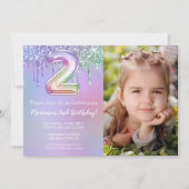 Foto Paarse Roze Glitter 2e Verjaardagsfeestje Kaart (Voorkant)