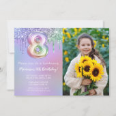 Foto Paarse Roze Glitter 8e Verjaardagsfeestje Kaart (Voorkant)
