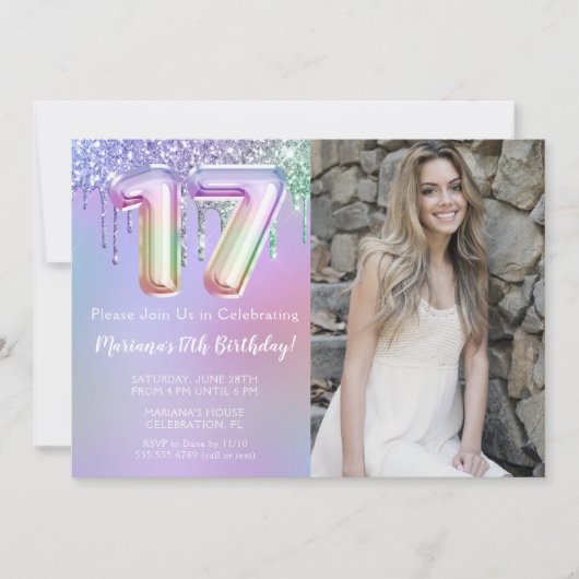 Foto Paarse Roze Glitter Drips 17e Verjaardag Kaart (Voorkant)