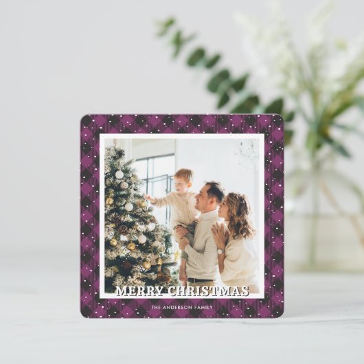 Foto paarse ruit sneeuw kerstkaart (Staand voorkant)