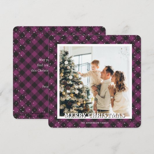 Foto paarse ruit sneeuw kerstkaart (Voorkant / Achterkant)