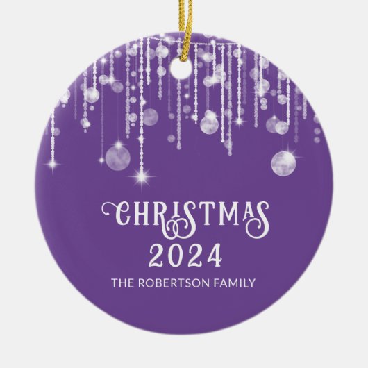 Foto Paarse String Lights Kerstfeest Keramisch Ornament (Voorkant)