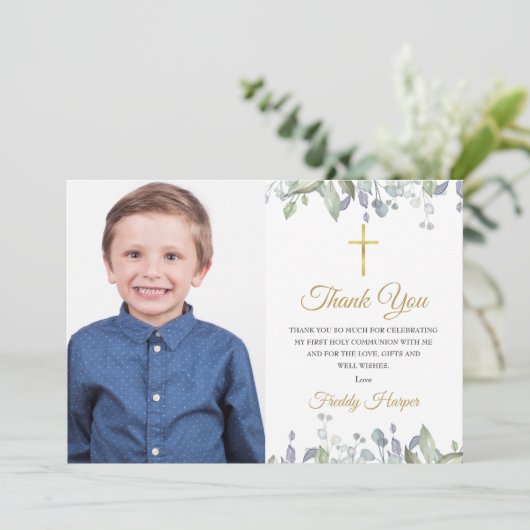 Foto Paarse Waterverf Eerste Heilige Communie Bedankkaart (Staand voorkant)