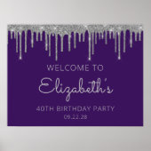 Foto Paarse Zilveren Glitter 40e Verjaardag Welkom Poster (Voorkant)