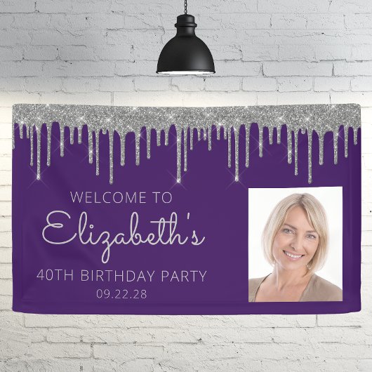 Foto Paarse Zilveren Glitter Drip 40ste Verjaardag Spandoek