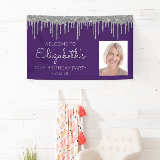 Foto Paarse Zilveren Glitter Drip 40ste Verjaardag Spandoek (Insitu)