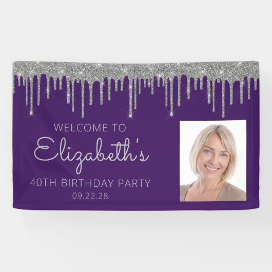 Foto Paarse Zilveren Glitter Drip 40ste Verjaardag Spandoek (Horizontaal)