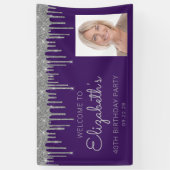 Foto Paarse Zilveren Glitter Drip 40ste Verjaardag Spandoek (Verticaal)