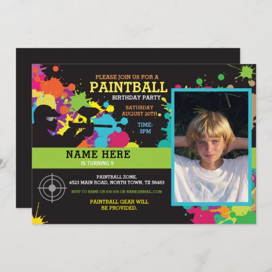 Foto Paintball Verjaardag Uitnodiging (Voorkant / Achterkant)