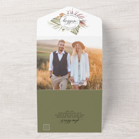 Foto, Palm Leaves Bruiloft met geperforeerde RSVP All In One Uitnodiging (Buitenkant)