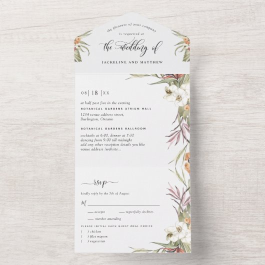 Foto, Palm Leaves Bruiloft met geperforeerde RSVP All In One Uitnodiging (Binnen)