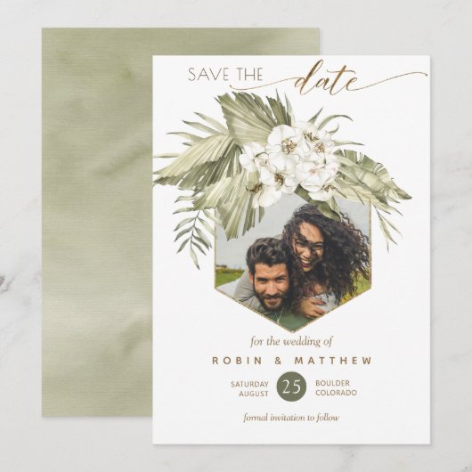 Foto, Palmbladeren bloemengroene Waterverf Save The Date (Voorkant / Achterkant)