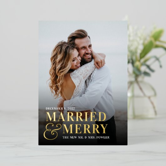 Foto Pas getrouwd Vet huwelijk en huwelijk Folie Feestdagenkaart (Staand Voorkant)