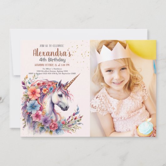 Foto Pastel Eenhoorn Regenboog Verjaardagsfeest Kaart (Voorkant)