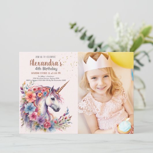 Foto Pastel Eenhoorn Regenboog Verjaardagsfeest Kaart (Staand voorkant)