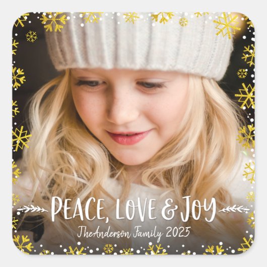 Foto Peace Love Joy Gold Snowflake Holiday Custom Vierkante Sticker (Voorkant)