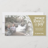 Foto: Peace Love Joy - gouden witte sneeuwvlokken Feestdagenkaart (Voorkant)