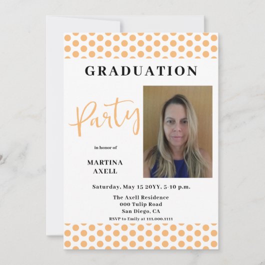 Foto Peach Polka Dots Graduation Party Uitnodiging (Voorkant)