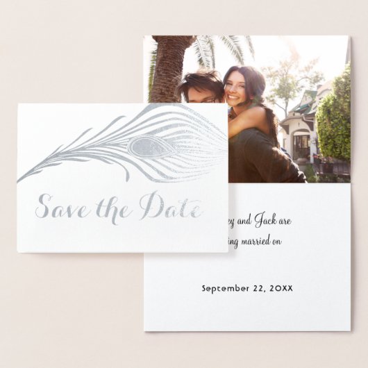 Foto Peacock Save the Date Typography Silver Foil Folie Kaarten (Display)