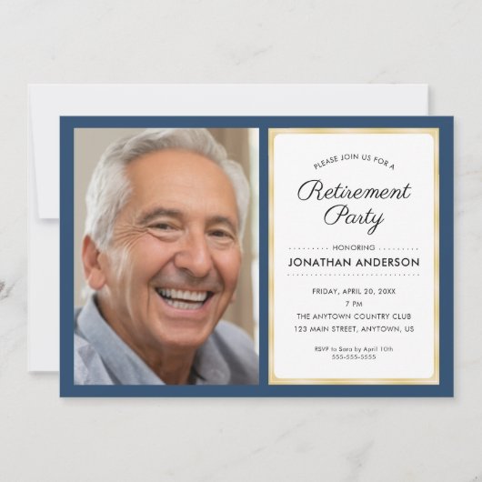 Foto Pensioen Partij | Navy blauw en goud Kaart (Voorkant)