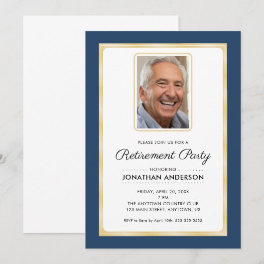 Foto Pensioen Partij | Navy blauw en goud Kaart (Voorkant / Achterkant)