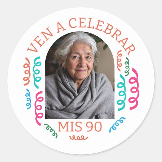 Foto Personalizada Fiesta de 90 Años Ronde Sticker (Voorkant)