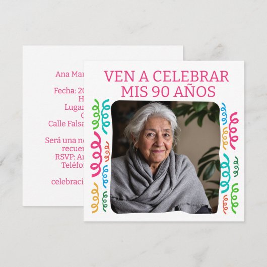 Foto Personalizada Mis 90 Años Fiesta Kaart (Voorkant / Achterkant)