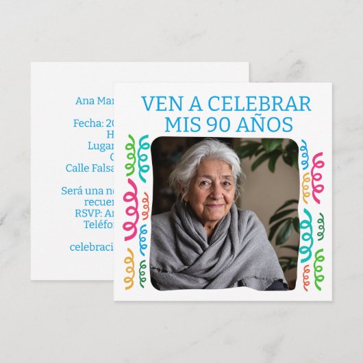 Foto Personalizada Mis 90 Años Fiesta Kaart (Voorkant / Achterkant)