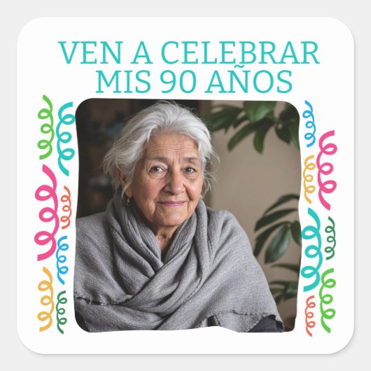 Foto Personalizada Mis 90 Años Fiesta Vierkante Sticker (Voorkant)