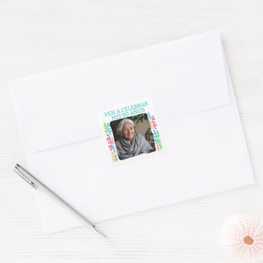 Foto Personalizada Mis 90 Años Fiesta Vierkante Sticker (Envelop)