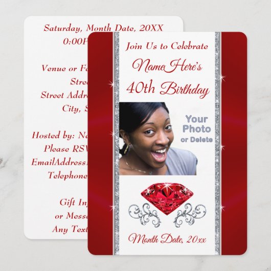 Foto, persoonlijk, 40e verjaardag nodigt Vrouw uit Kaart (Voorkant / Achterkant)