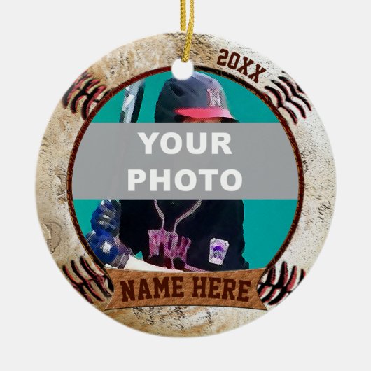 FOTO Persoonlijke Baseball Ornaments Text, Foto Keramisch Ornament (Voorkant)