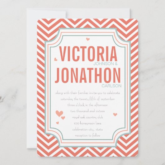 Foto Perzikkleurig en Mint Zig Zag Typografie Wedd Kaart (Voorkant)