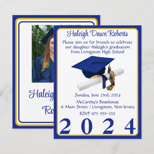 Foto Pet & Diploma Royal Blue & Gold Afstuderen Kaart (Voorkant / Achterkant)