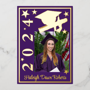 Foto Pet, Diploma, & Sterren, Paarse Afstuderen Folie Uitnodiging