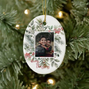 Foto Pijnboomgroen Holly Red Merry Christmas Keramisch Ornament