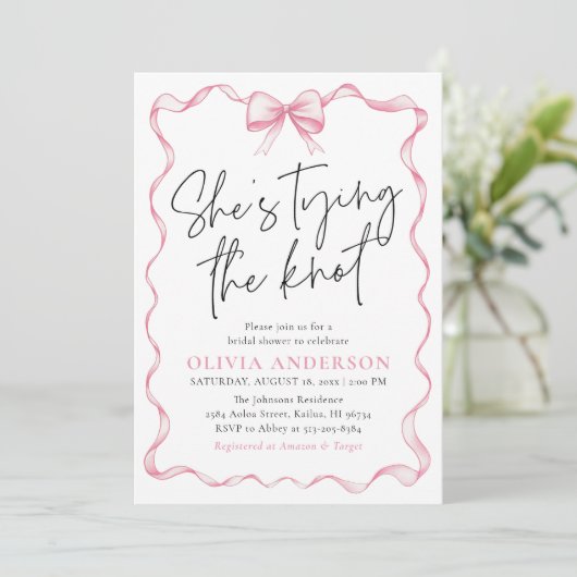 Foto Pink Bow Ze is Tying the Knot Vrijgezellenfee Kaart (Staand voorkant)