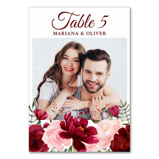 Foto Pink Burgundy Floral Wedding Kaart (Voorkant)