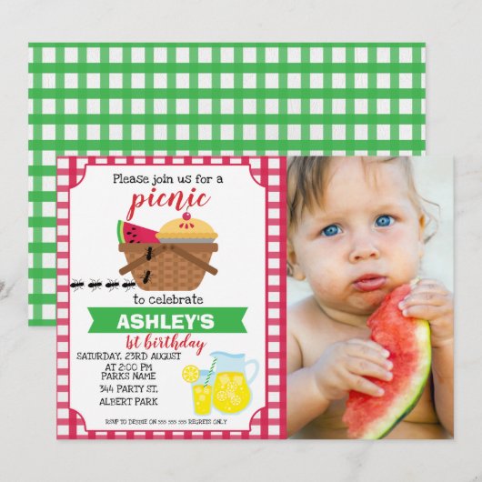 Foto: Plaid Picnic Verjaardag uitnodiging (Voorkant / Achterkant)