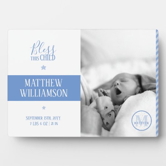Foto Plaque met Baby Birth Stats & Monogram Fotoplaat (voorkant)