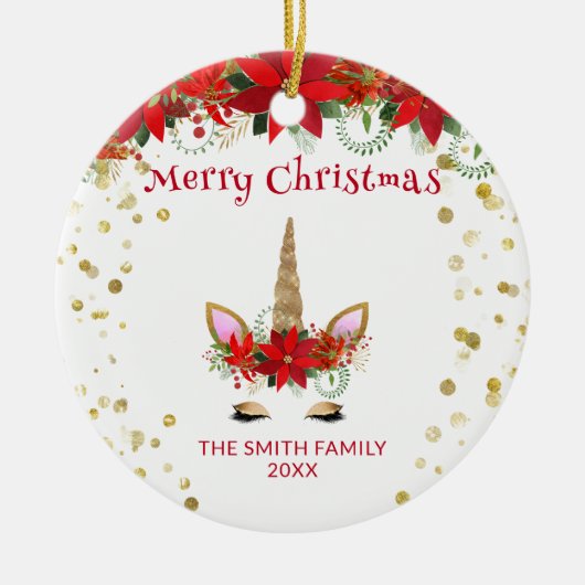 Foto Poinsettia Eenhoorn met Rode Kerstmis Keramisch Ornament (Voorkant)