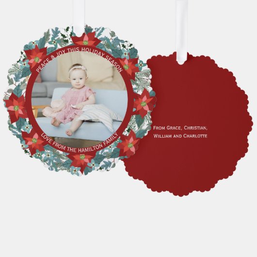 Foto Poinsettia krans gepersonaliseerde kerst Ornament Kaart (Voorkant / Achterkant)