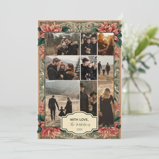 Foto  Poinsettia Scrollwork Feestdagenkaart (Staand voorkant)