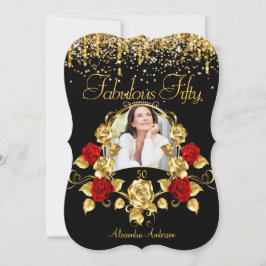 Foto Prachtig 50 Feest Rood Rozen Glitter Goud Kaart
