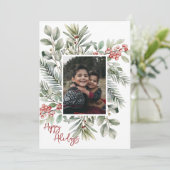 Foto Prettig feest Pine Holly Rood Feestdagenkaart (Staand voorkant)