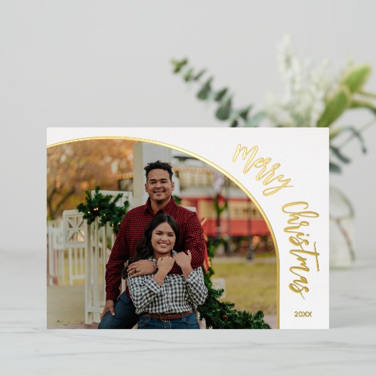 Foto Prettig Kerst Script Goud Folie Feestdagenkaart (Staand Voorkant)
