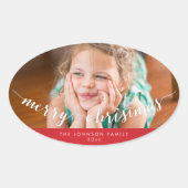 Foto Prettig Kerstmis Ovaal Rode Stickers (Voorkant)