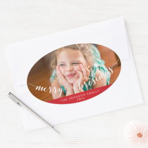 Foto Prettig Kerstmis Ovaal Rode Stickers