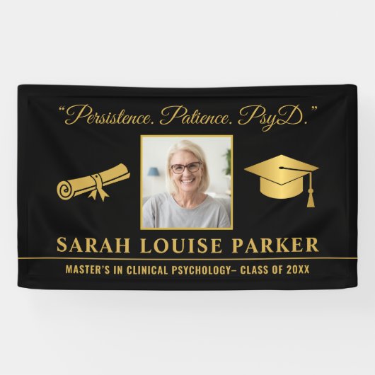 Foto PsyD Afstuderen 2025 Quote Zwart en Goud Spandoek (Horizontaal)